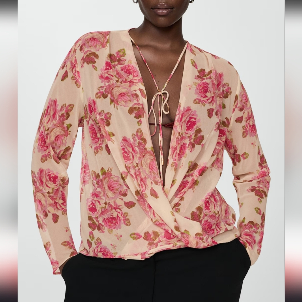 NWT MANGO Sheer Floral Print Crossover Blouse Pink & Cream Women's Size 4